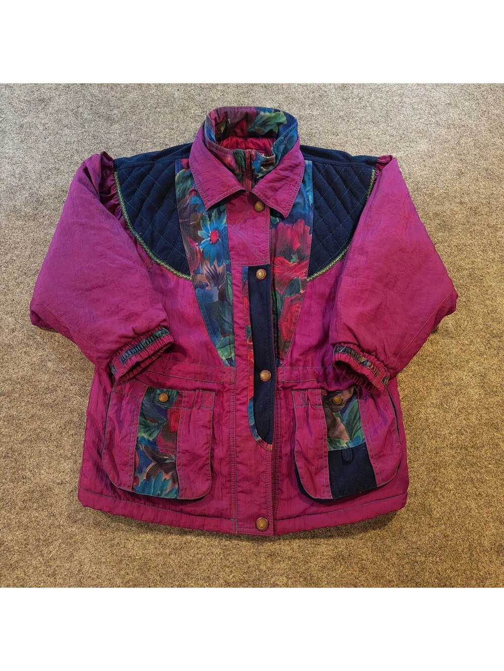 Vintage Giacca Young Gallery Floral Quilted Jacket Size L 14-16
